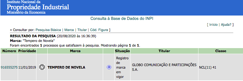 Registro da marca 'Tempero de Novela' no INPI (Foto: Reprodução)