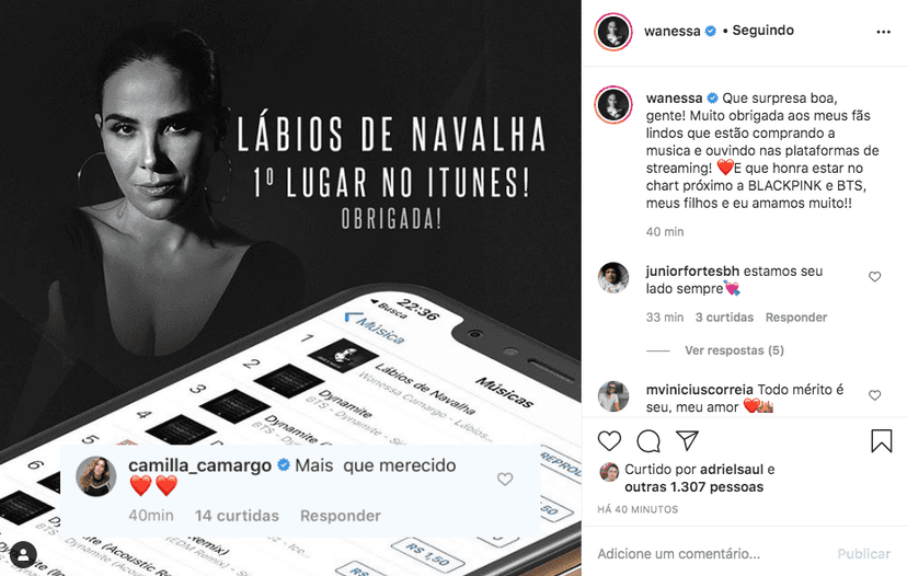 Camila comenta em post de Wanessa (Foto: Reprodução) Camila comenta em post de Wanessa (Foto: Reprodução)