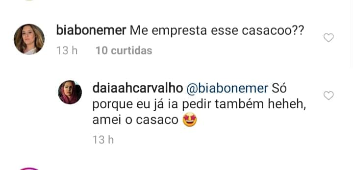 Bia Bonemer elogiou casaco de Giulia Costa (Reprodução) Bia Bonemer elogiou casaco de Giulia Costa (Reprodução)