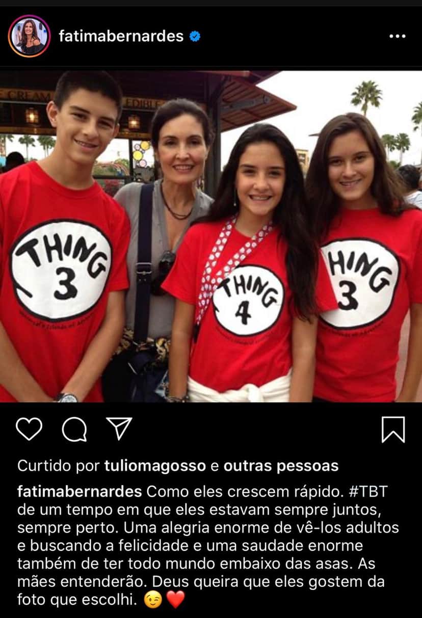 Fátima Bernardes sente falta de ter os filhos juntos em casa - (Reprodução/Instagram) Fátima Bernardes sente falta de ter os filhos juntos em casa - (Reprodução/Instagram)