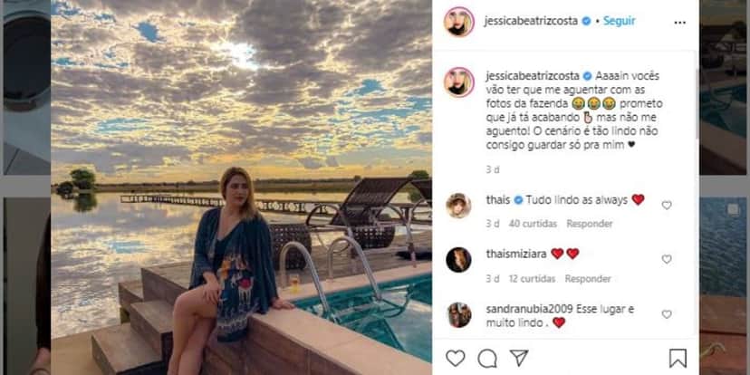 Jéssica Costa exibiu a vista paradisíaca da fazenda de seu pai (Foto: Reprodução/Instagram) Jéssica Costa exibiu a vista paradisíaca da fazenda de seu pai (Foto: Reprodução/Instagram)