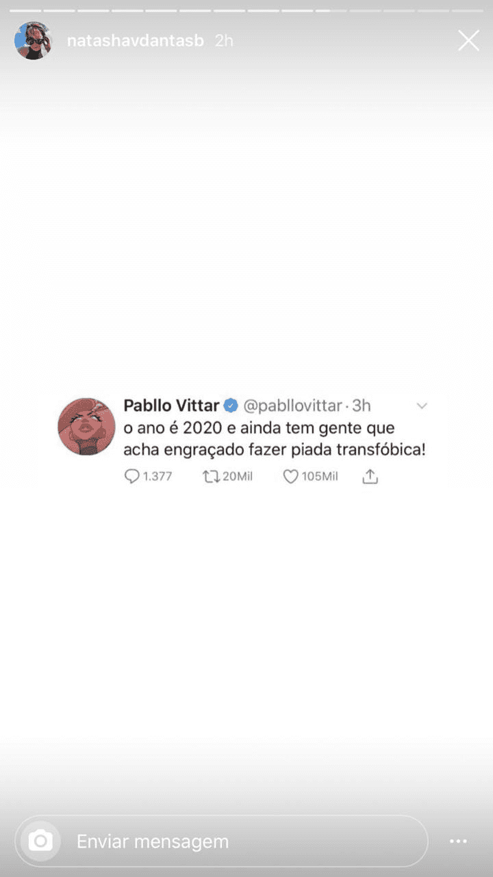 Natasha Dantas se envolveu em uma polêmica ao compartilhar o tweet de Pabllo Vittar (Foto: reprodução/Instagram) Natasha Dantas se envolveu em uma polêmica ao compartilhar o tweet de Pabllo Vittar (Foto: reprodução/Instagram)