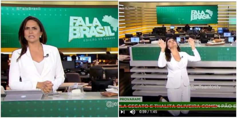 Carla Cecato ajoelha no Fala Brasil (Foto: Reprodução) Carla Cecato ajoelha no Fala Brasil (Foto: Reprodução)