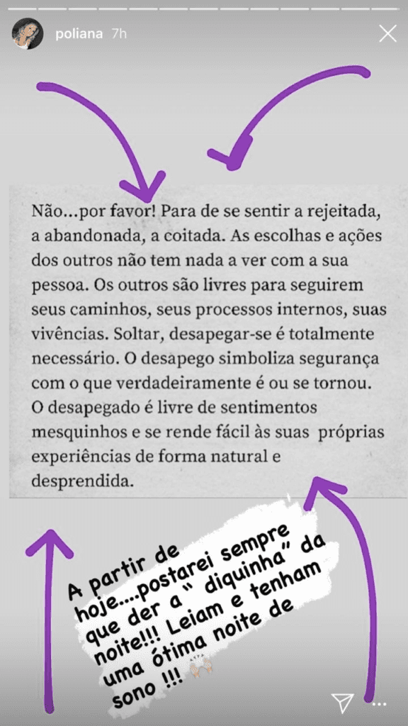 Poliana Rocha em seu stories (Foto: reprodução/Instagram) Poliana Rocha em seu stories (Foto: reprodução/Instagram)