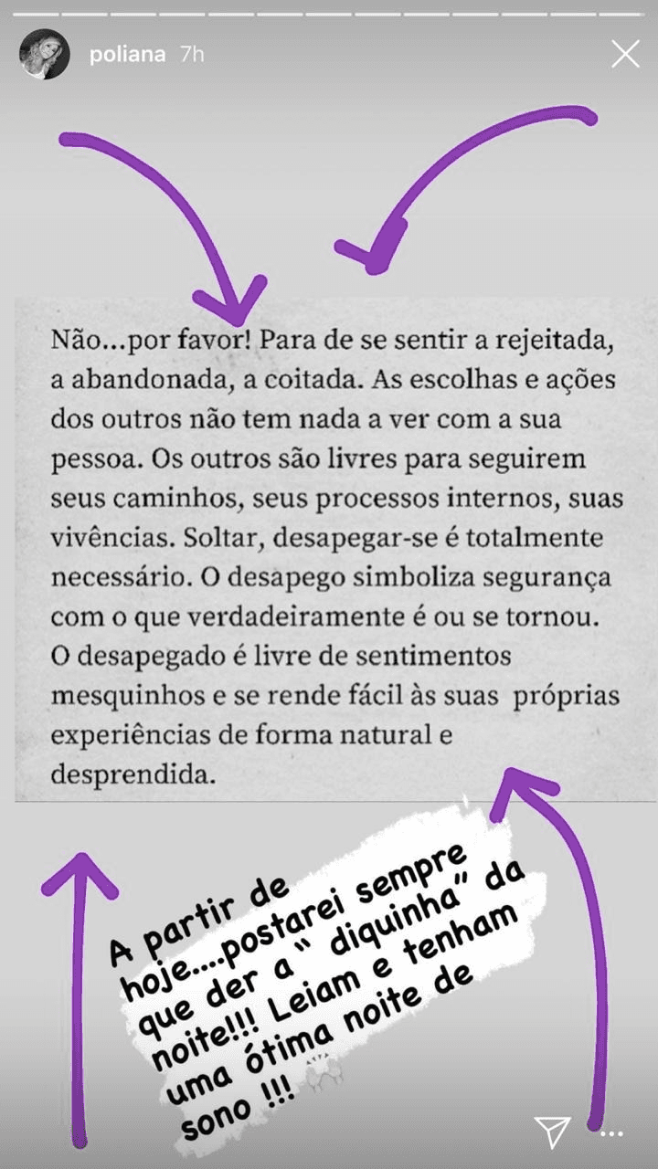 Poliana Rocha em seu stories (Foto: reprodução/Instagram)
