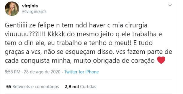 Virgínia negou história envolvendo dinheiro de Zé Felipe (Foto: Reprodução/ Twitter) Virgínia negou história envolvendo dinheiro de Zé Felipe (Foto: Reprodução/ Twitter)