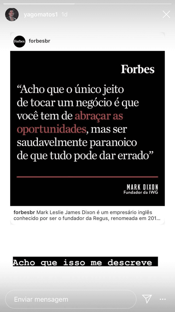 Yago Matos em seu storie (Foto: reprodução/Instagram) Yago Matos em seu storie (Foto: reprodução/Instagram)