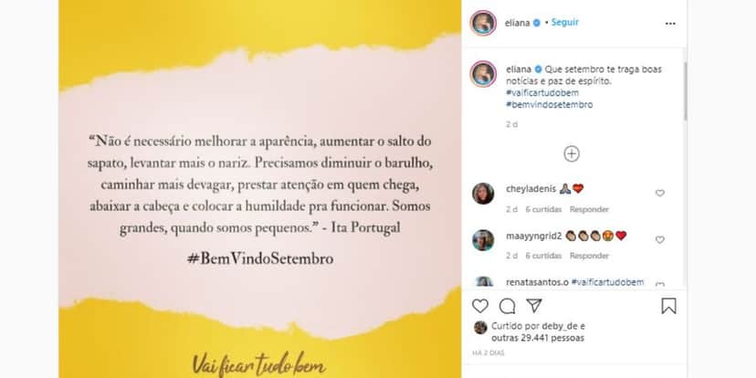 Eliana comemorou a chegada de setembro (Foto: Reprodução/Instagram) Eliana comemorou a chegada de setembro (Foto: Reprodução/Instagram)