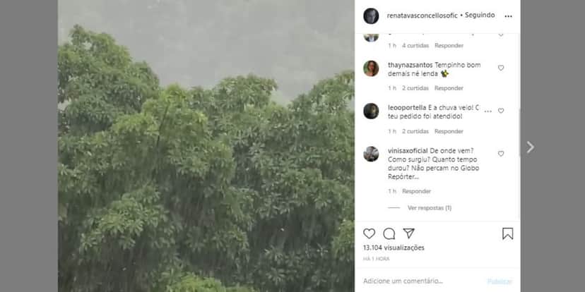 Renata Vasconcellos compartilhou vídeo de chuva nas redes sociais (Foto: Reprodução/Instagram) Renata Vasconcellos compartilhou vídeo de chuva nas redes sociais (Foto: Reprodução/Instagram)