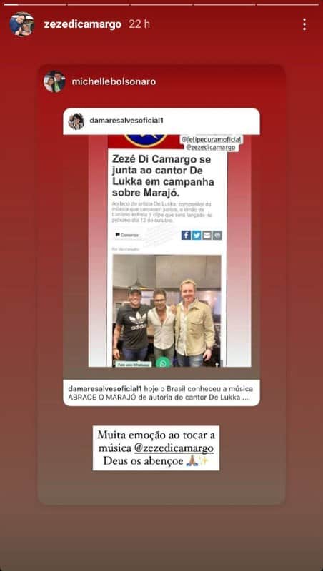 Zezé Di Camargo recebeu o apoio de Michelle Bolsonaro (Foto: Reprodução/ Instagram) Zezé Di Camargo recebeu o apoio de Michelle Bolsonaro (Foto: Reprodução/ Instagram)
