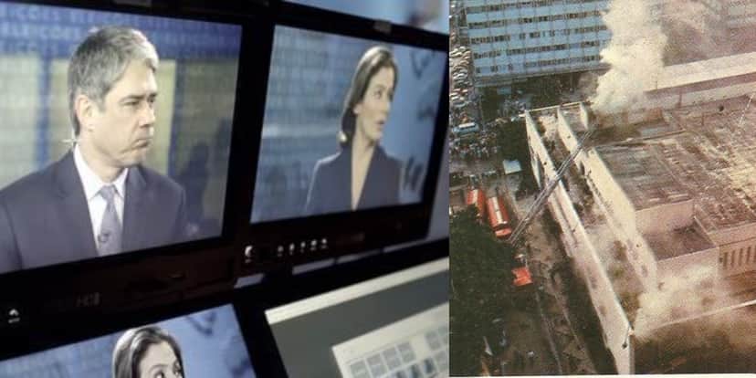 Incêndio paralisou os trabalhos do "Jornal Nacional" no Rio (Foto: Reprodução/TV Globo) Incêndio paralisou os trabalhos do "Jornal Nacional" no Rio (Foto: Reprodução/TV Globo)
