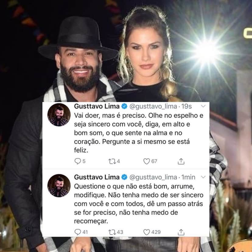 Gusttavo Lima se pronunciou sobre o fim com Andressa Suita (Foto: reprodução/Twitter) Gusttavo Lima se pronunciou sobre o fim com Andressa Suita (Foto: reprodução/Twitter)
