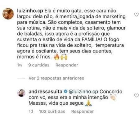 Andressa Suita concordou com um comentário feito por internauta de plantão (Foto: Reprodução) Andressa Suita concordou com um comentário feito por internauta de plantão (Foto: Reprodução)