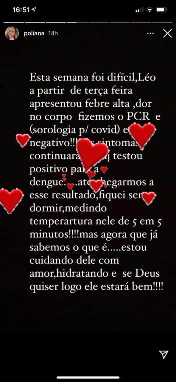 Poliana Rocha decidiu explicar como estava o estado de saúde de Leonardo (Foto: Reprodução/ Instagram) Poliana Rocha decidiu explicar como estava o estado de saúde de Leonardo (Foto: Reprodução/ Instagram)