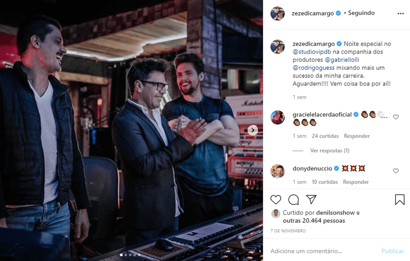 Zezé Di Camargo, irmão de Luciano, ao lado de alguns produtores musicais (Foto: Reprodução/ Instagram) Zezé Di Camargo, irmão de Luciano, ao lado de alguns produtores musicais (Foto: Reprodução/ Instagram)