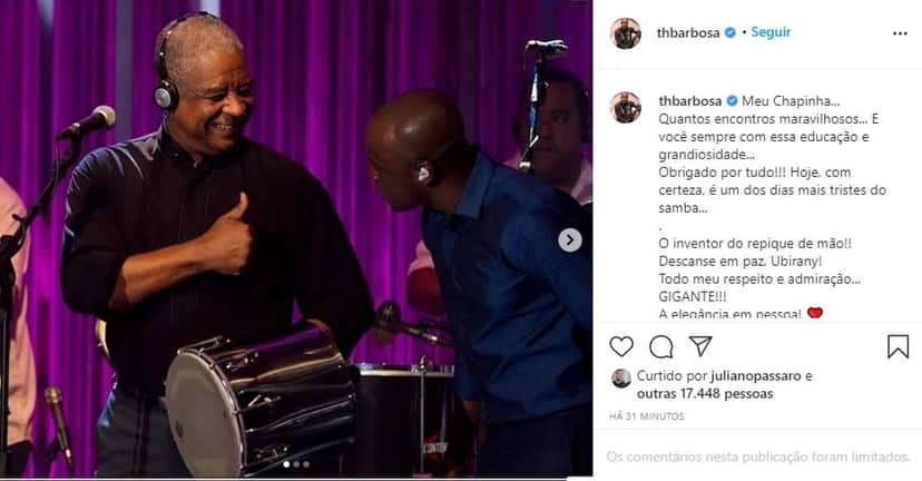Thiaguinho faz homenagem para Ubirany que faleceu nesta sexta-feira, 11 (Reprodução) Thiaguinho faz homenagem para Ubirany que faleceu nesta sexta-feira, 11 (Reprodução)