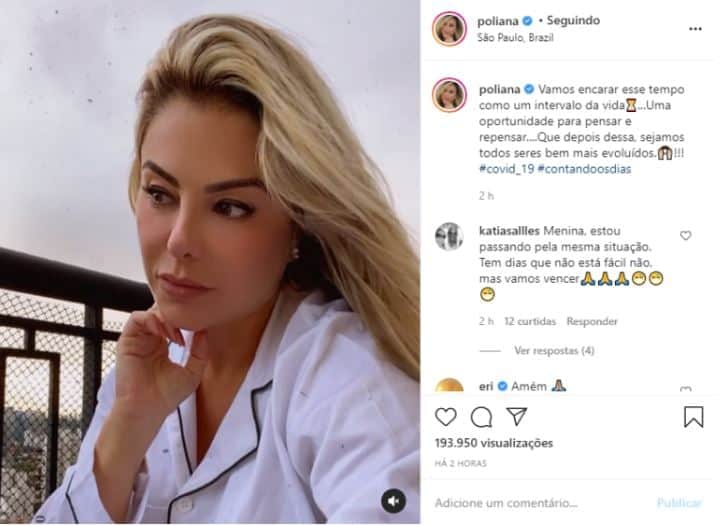 Poliana Rocha, esposa de Leonardo, surge nas redes sociais para torcer por melhora da família que está infectada com o Covid-19 (Reprodução: Instagram) Poliana Rocha, esposa de Leonardo, surge nas redes sociais para torcer por melhora da família que está infectada com o Covid-19 (Reprodução: Instagram)