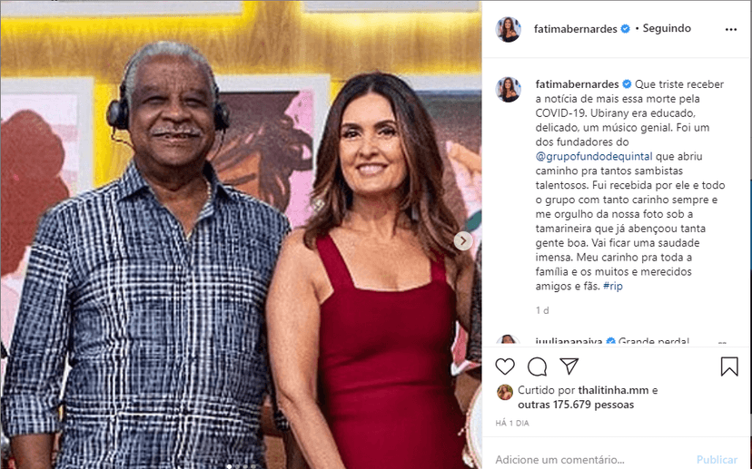 Fátima Bernardes fala de tristeza com morte de sambista (Foto: Reprodução) Fátima Bernardes fala de tristeza com morte de sambista (Foto: Reprodução)
