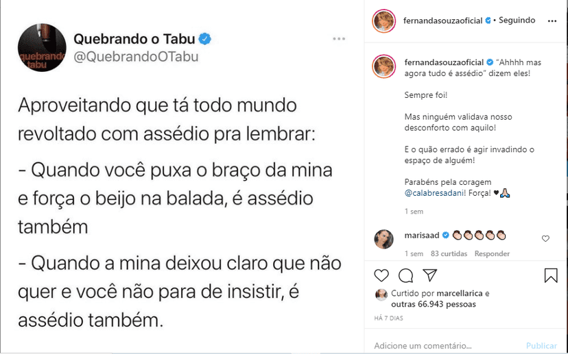 Fernanda Souza expõe revolta em caso de Dani Calabresa que foi assediada na Globo (Foto: Reprodução) Fernanda Souza expõe revolta em caso de Dani Calabresa que foi assediada na Globo (Foto: Reprodução)