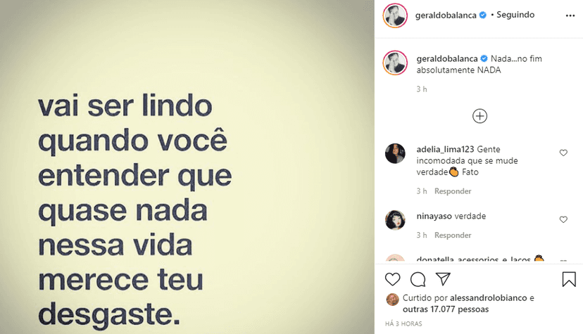 Geraldo Luís mandou um recado na lata (Foto: Reprodução/ Instagram) Geraldo Luís mandou um recado na lata (Foto: Reprodução/ Instagram)