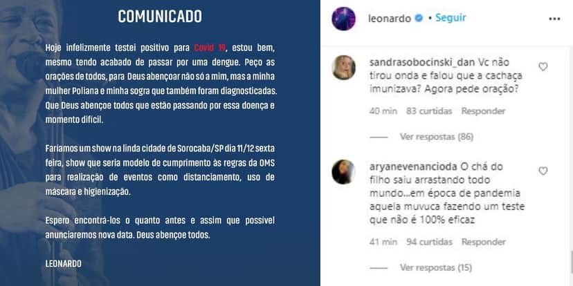 Comunicado de Leonardo gerou críticas (Foto: Reprodução/Instagram) Comunicado de Leonardo gerou críticas (Foto: Reprodução/Instagram)