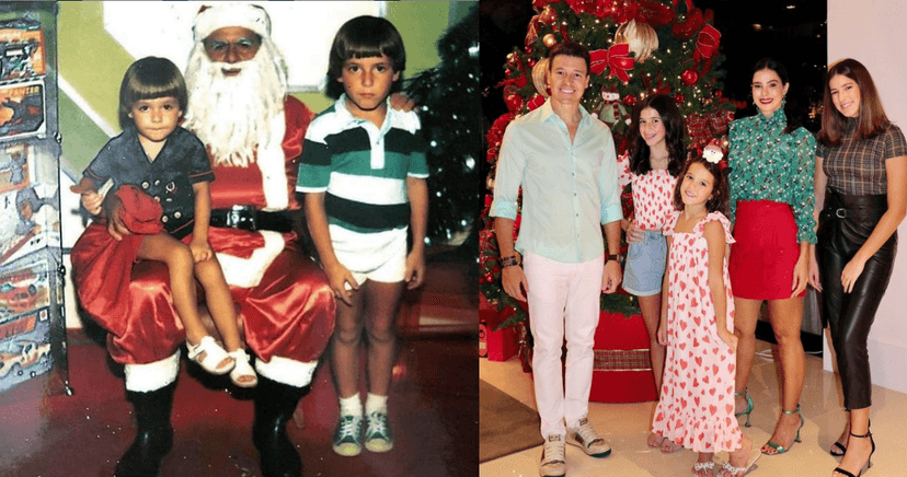 Rodrigo Faro criança à esquerda, e ontem (24) na véspera de natal com a esposa e filhas (Foto: Reprodução) Rodrigo Faro criança à esquerda, e ontem (24) na véspera de natal com a esposa e filhas (Foto: Reprodução)
