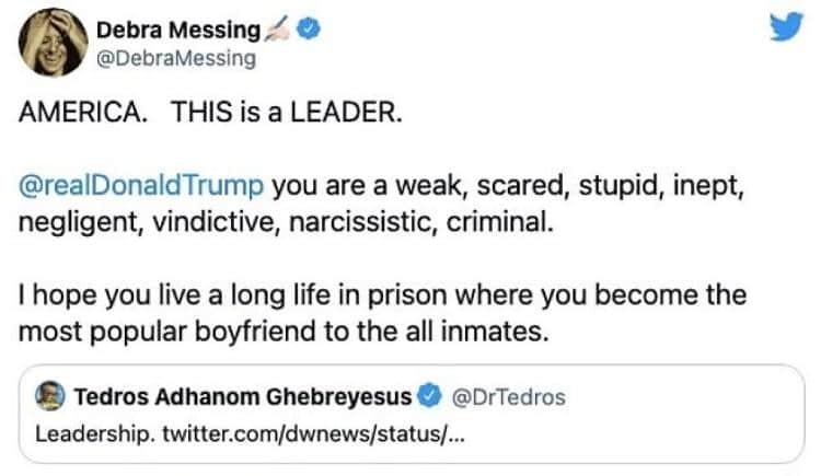 Tuíte de Debra Messing sugerindo que Trump seria estuprado na cadeia (Foto: Reprodução) Tuíte de Debra Messing sugerindo que Trump seria estuprado na cadeia (Foto: Reprodução)