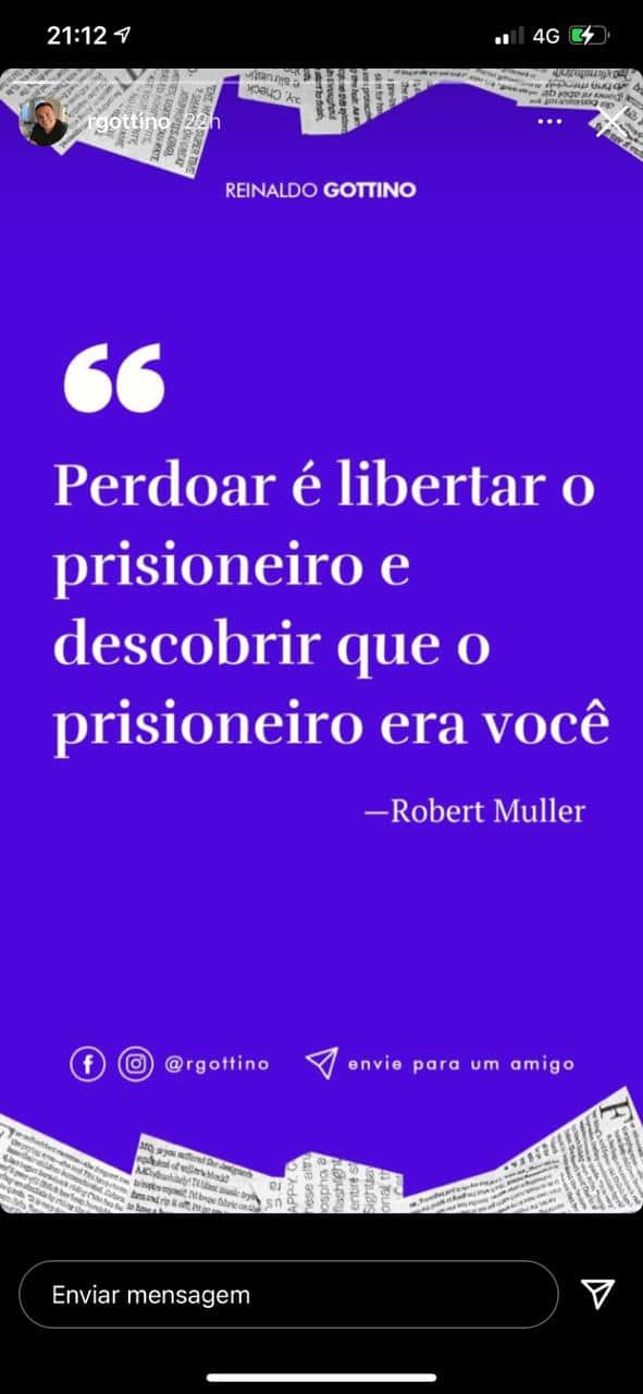 Reinaldo Gottino fez reflexão sobre a necessidade de se libertar de si mesmo (Foto: Reprodução) Reinaldo Gottino fez reflexão sobre a necessidade de se libertar de si mesmo (Foto: Reprodução)