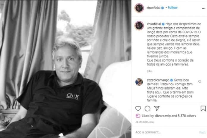 Zezé lamentou a morte do produtor Cleto (Foto: Reprodução/Instagram) Zezé lamentou a morte do produtor Cleto (Foto: Reprodução/Instagram)