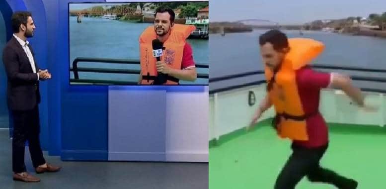 Repórter da Globo, Romeu Neto, ameaçou se jogar em rio no jornal (Foto: Reprodução / TV TEM) Repórter da Globo, Romeu Neto, ameaçou se jogar em rio no jornal (Foto: Reprodução / TV TEM)
