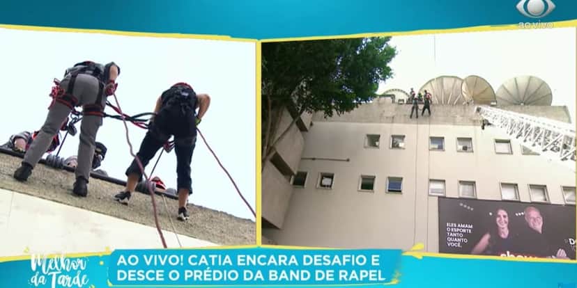 Catia Fonseca escalando prédio da Band, no Melhor da Tarde (Foto: Reprodução / Band) Catia Fonseca escalando prédio da Band, no Melhor da Tarde (Foto: Reprodução / Band)