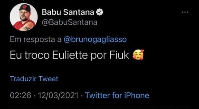 Babu Santana detonou Juliette (Foto: Reprodução/Twitter) Babu Santana detonou Juliette (Foto: Reprodução/Twitter)