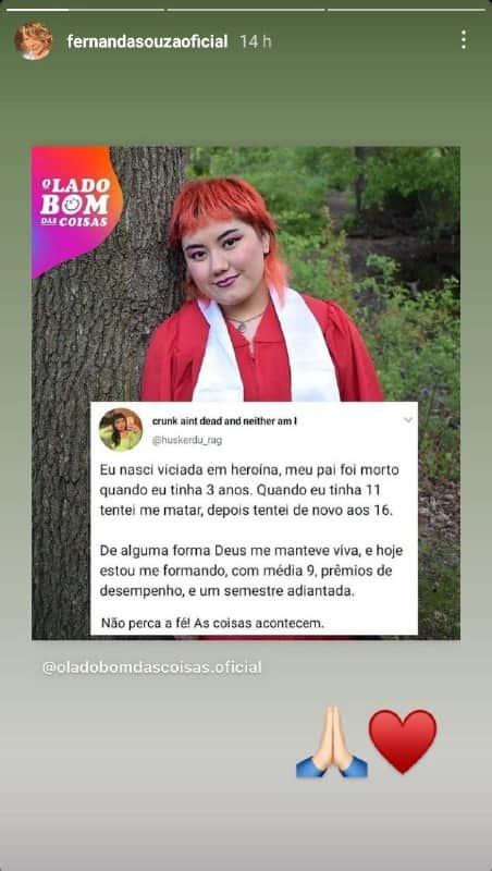 Fernanda Souza compartilhou história de superação de uma mulher (Foto: Reprodução) Fernanda Souza compartilhou história de superação de uma mulher (Foto: Reprodução)