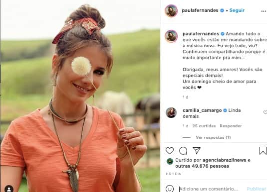 Paula Fernandes foi elogiada por Camilla Camargo, filha de Zezé (Reprodução: Instagram) Paula Fernandes foi elogiada por Camilla Camargo, filha de Zezé (Reprodução: Instagram)