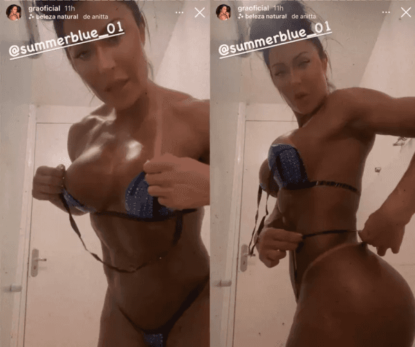 Gracyanne Barbosa exibindo o seu corpo todo malhado e bronzeado após um bronzeamento artificial (Imagem: Montagem) Gracyanne Barbosa exibindo o seu corpo todo malhado e bronzeado após um bronzeamento artificial (Imagem: Montagem)