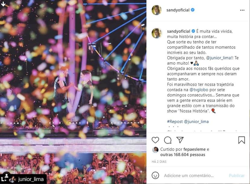 Sandy usa as redes sociais para fazer anúncio cruel sobre chegada do fim de sua série com o irmão, Junior (Reprodução) Sandy usa as redes sociais para fazer anúncio cruel sobre chegada do fim de sua série com o irmão, Junior (Reprodução)