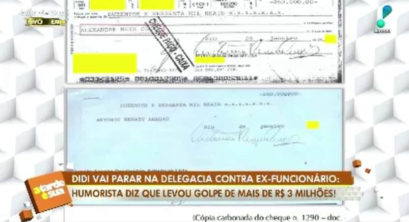 Exemplo de cheque fraudado por ex-funcionário de Renato Aragão (Foto: Reprodução/RedeTV!) Exemplo de cheque fraudado por ex-funcionário de Renato Aragão (Foto: Reprodução/RedeTV!)