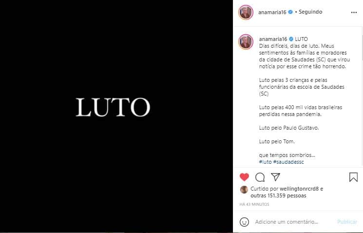 Ana Maria Braga lamentou a morte de Paulo Gustavo nas redes sociais (Foto: Reprodução/Instagram) Ana Maria Braga lamentou a morte de Paulo Gustavo nas redes sociais (Foto: Reprodução/Instagram)