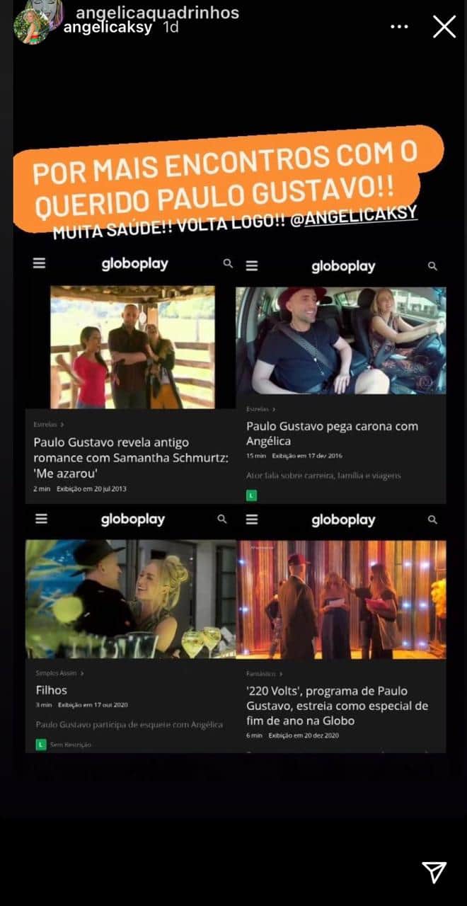 Angélica manifestou a saudade que sente de Paulo Gustavo nos stories (Reprodução: Instagram) Angélica manifestou a saudade que sente de Paulo Gustavo nos stories (Reprodução: Instagram)