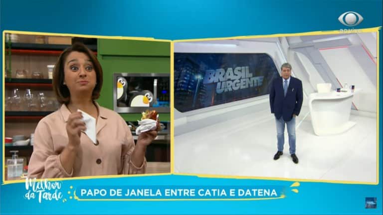 Datena revela gravação com Faustão para Cátia Fonseca (Foto: Reprodução/Band) Datena revela gravação com Faustão para Cátia Fonseca (Foto: Reprodução/Band)
