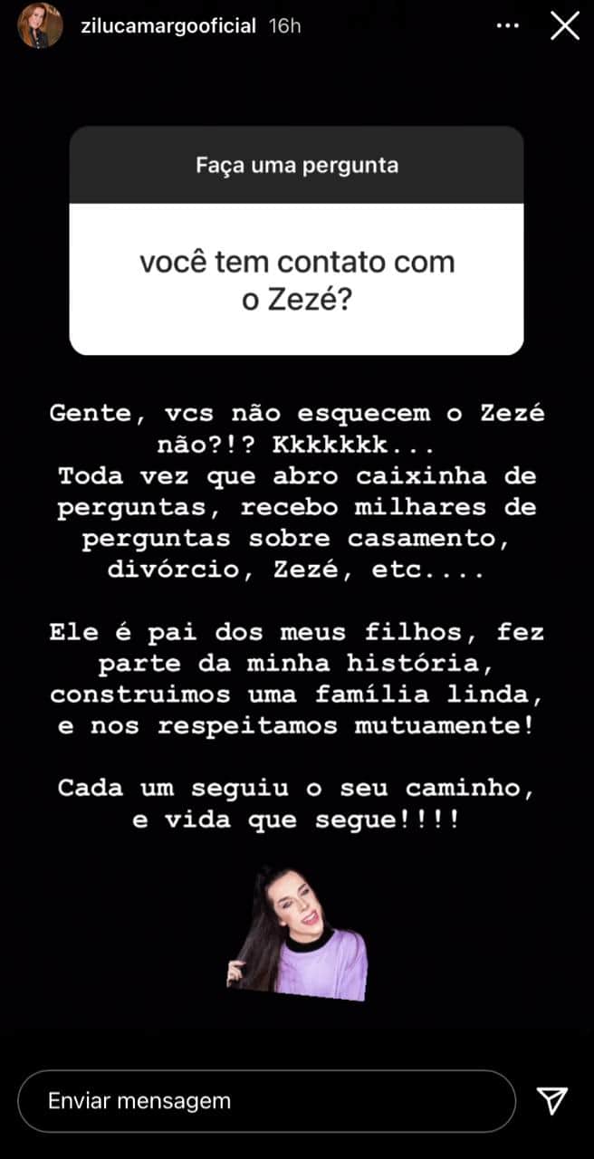Após receber declaração de Zezé, Zilu confirma relação com cantor e assume amor de vez: "Minha história" Após receber declaração de Zezé, Zilu confirma relação com cantor e assume amor de vez: "Minha história"