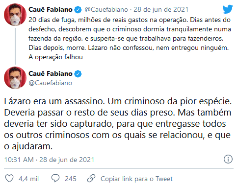 Publicação de Cauê Fabiano (Imagem: Reprodução) Publicação de Cauê Fabiano (Imagem: Reprodução)
