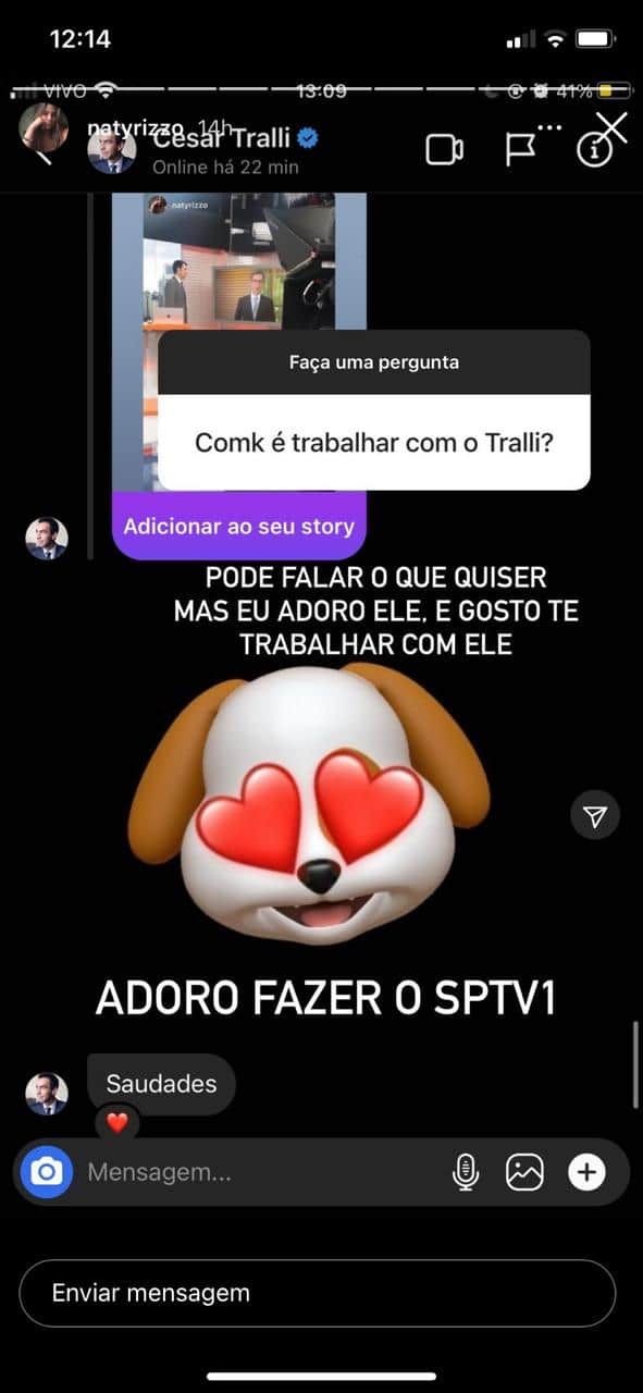 César Tralli recebe elogio de colega de trabalho e conversa é mostrada (Reprodução) César Tralli recebe elogio de colega de trabalho e conversa é mostrada (Reprodução)