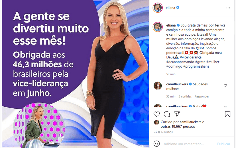 Eliana comemorou pela vice-liderança no mês de junho (Imagem: Reprodução) Eliana comemorou pela vice-liderança no mês de junho (Imagem: Reprodução)