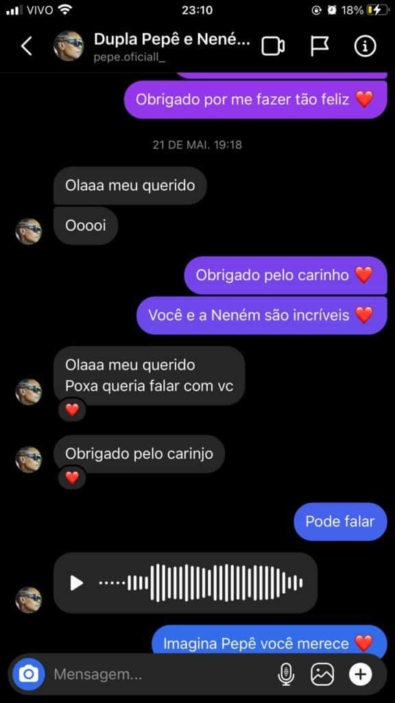 Print da conversa de Pepê e Neném com um fã (Imagem: Reprodução) Print da conversa de Pepê e Neném com um fã (Imagem: Reprodução)