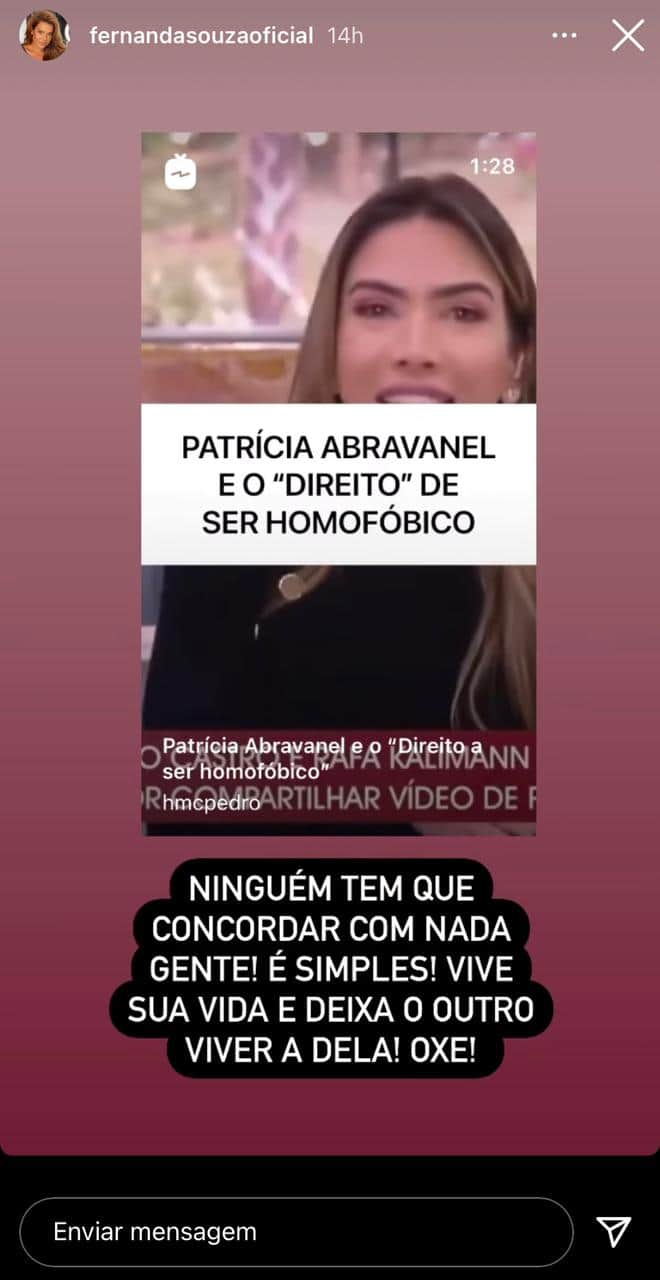 "Ninguém tem que concordar com nada", confirma Fernanda Souza sobre relação após assumir amor por loira "Ninguém tem que concordar com nada", confirma Fernanda Souza sobre relação após assumir amor por loira