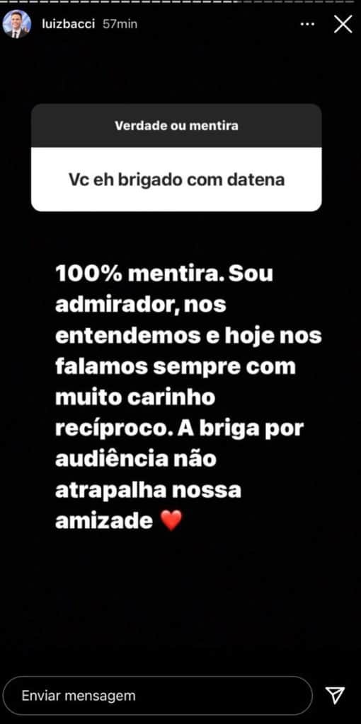 Luiz Bacci abriu o jogo sobre sua relação com Datena (Foto: Reprodução/Instagram) Luiz Bacci abriu o jogo sobre sua relação com Datena (Foto: Reprodução/Instagram)