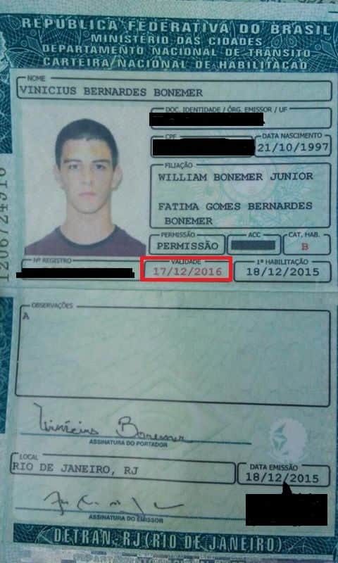 Carteira de Motorista de Vinícius Bonemer foi divulgada na época do acidente (Foto: Reprodução/Facebook) Carteira de Motorista de Vinícius Bonemer foi divulgada na época do acidente (Foto: Reprodução/Facebook)