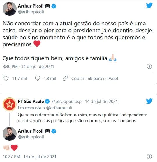 Arthur Picoli recebeu apoio do SBT ao criticar mensagens de ódio contra Bolsonaro (Imagem: Reprodução) Arthur Picoli recebeu apoio do SBT ao criticar mensagens de ódio contra Bolsonaro (Imagem: Reprodução)