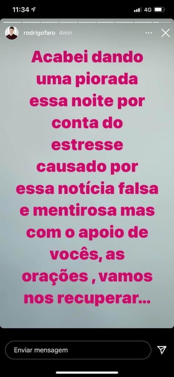 Rodrigo Faro comentou que teve uma piorada após se estressar com falsas notícias envolvendo o seu nome (Foto: Reprodução) Rodrigo Faro comentou que teve uma piorada após se estressar com falsas notícias envolvendo o seu nome (Foto: Reprodução)